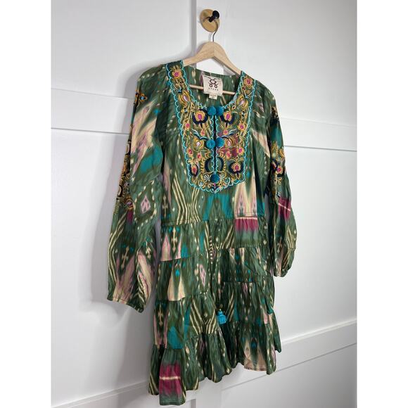NEW Figue Josie Embroidered Short Bohemian Pom Pom Long Sleeve Green Mini Dress - Picture 4 of 10